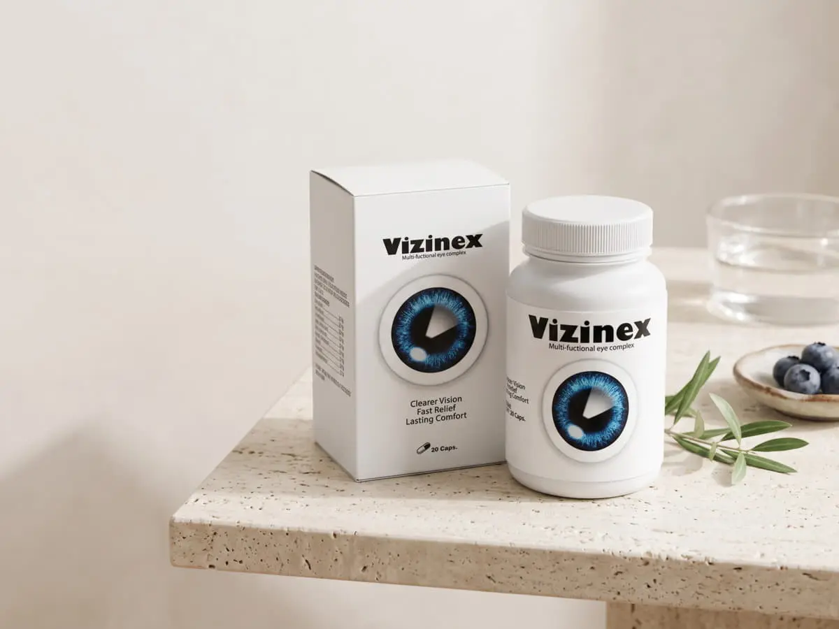 Vizinex México: frasco y caja de Vizinex sobre una mesa de piedra clara
