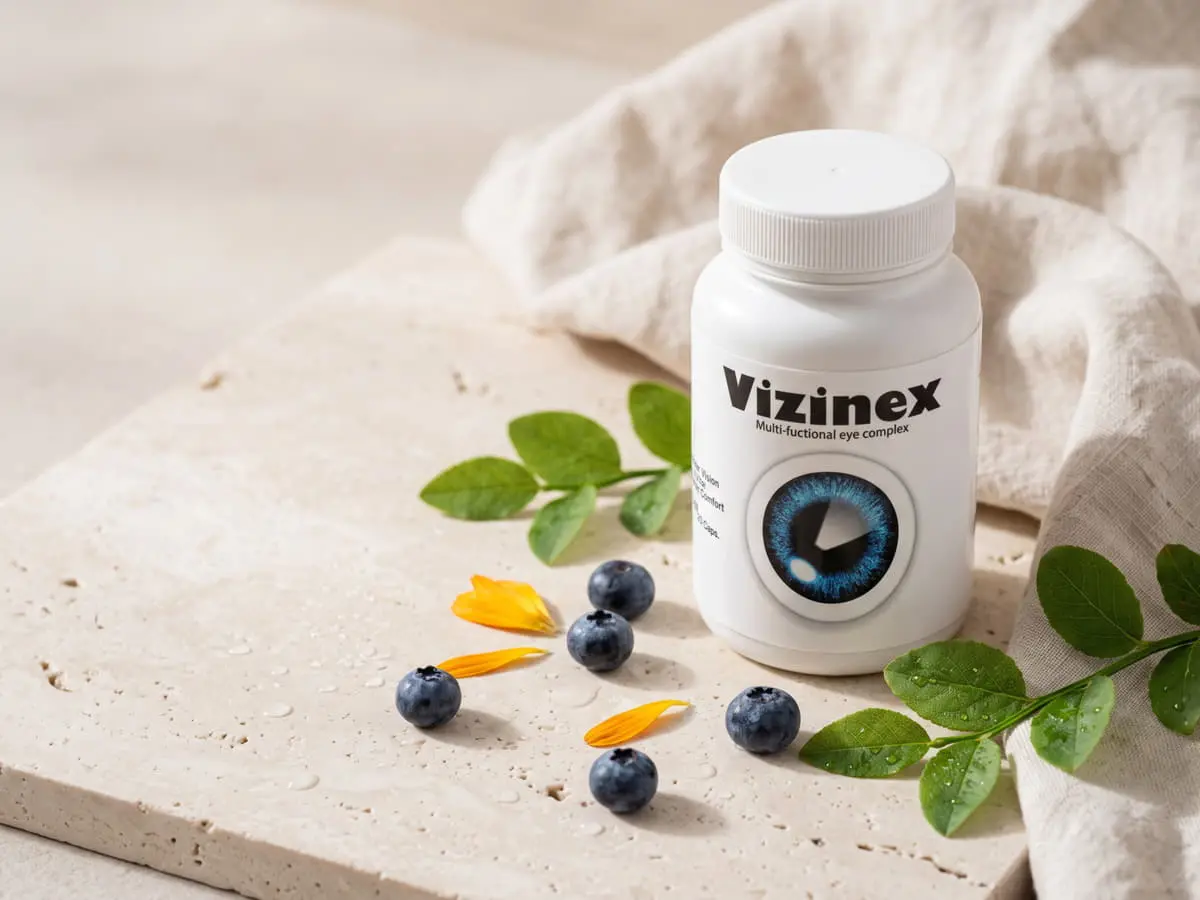 Vizinex México: frasco y caja de Vizinex junto a frutos rojos y semillas de lino sobre una superficie clara