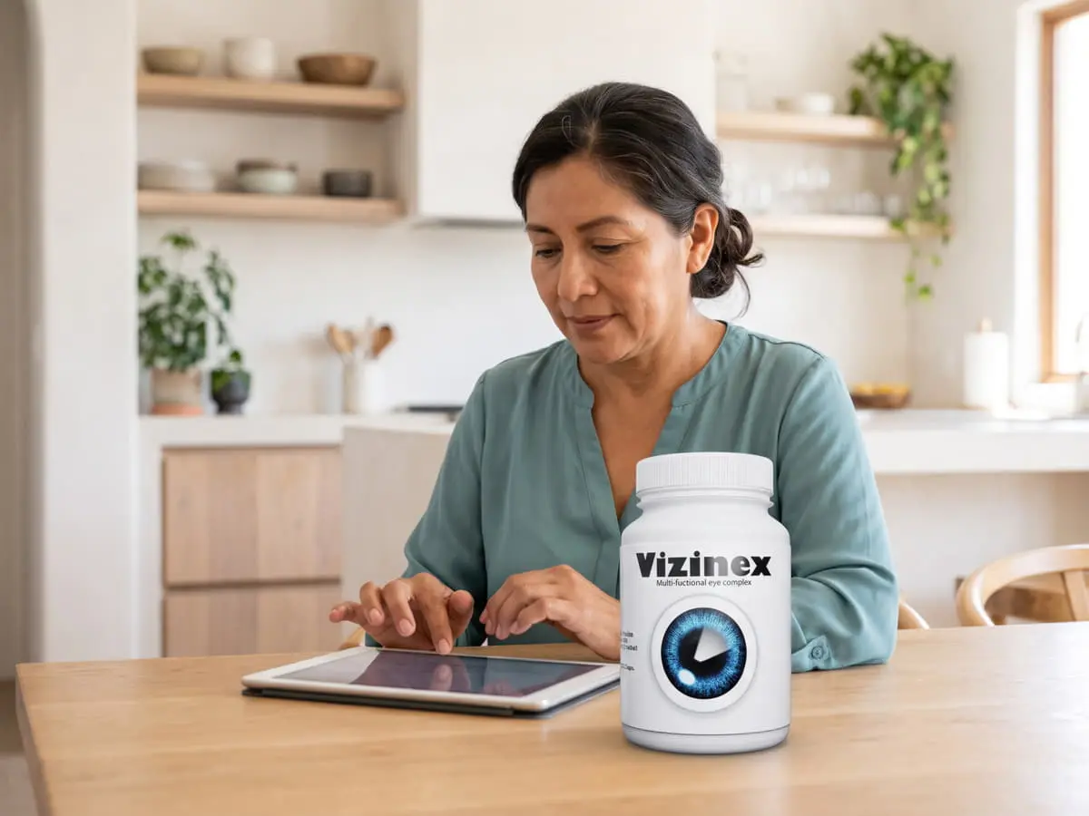 Vizinex México: mujer con una tableta en un escritorio luminoso y el frasco de Vizinex junto a su taza de café