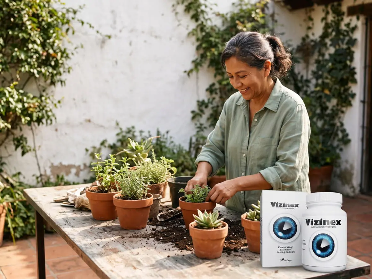 Vizinex México: mujer en el patio con plantas y hierbas frescas y el frasco de Vizinex en la mesa de madera