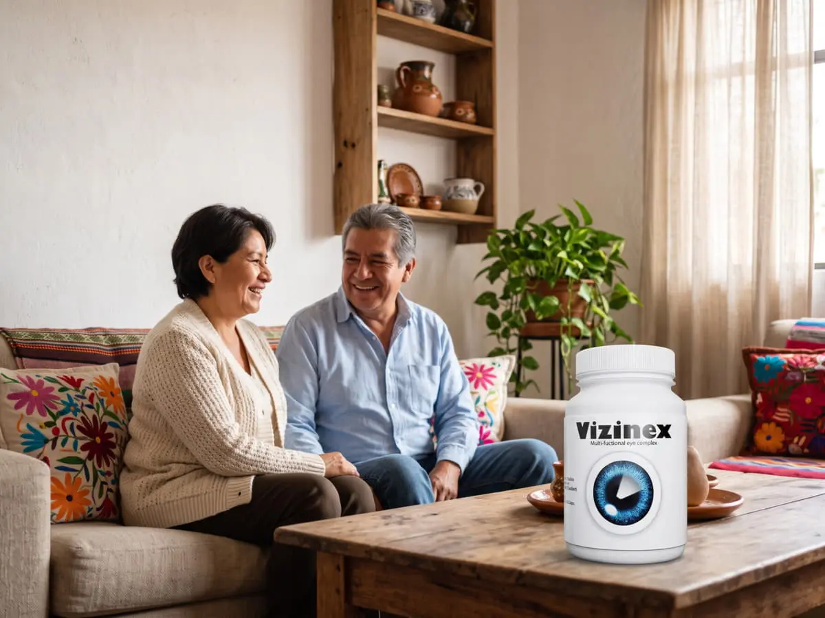 Vizinex México: pareja en el sofá viendo una pantalla en una sala con luz cálida y el frasco de Vizinex en la mesa