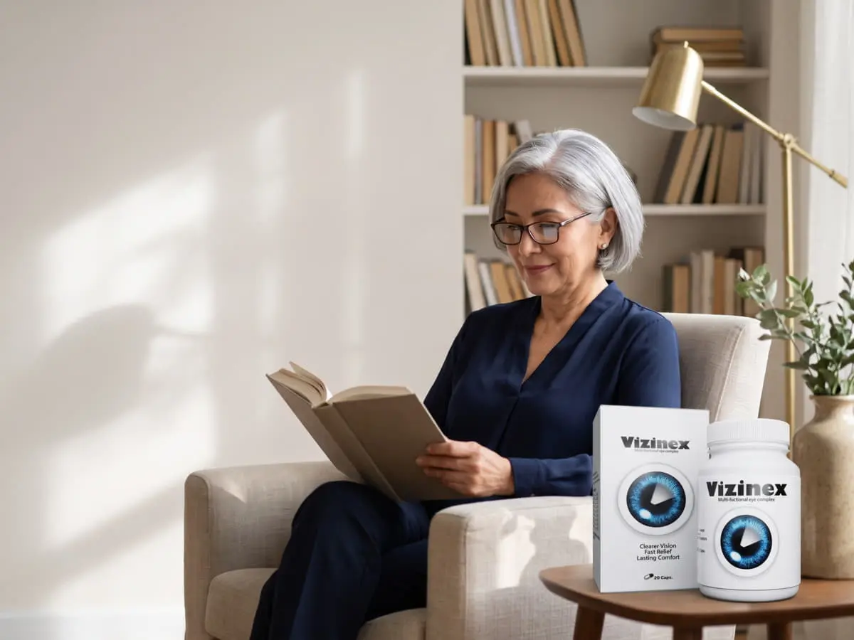 Vizinex México: mujer leyendo en un sillón con una lámpara cálida y el frasco de Vizinex sobre la mesa lateral