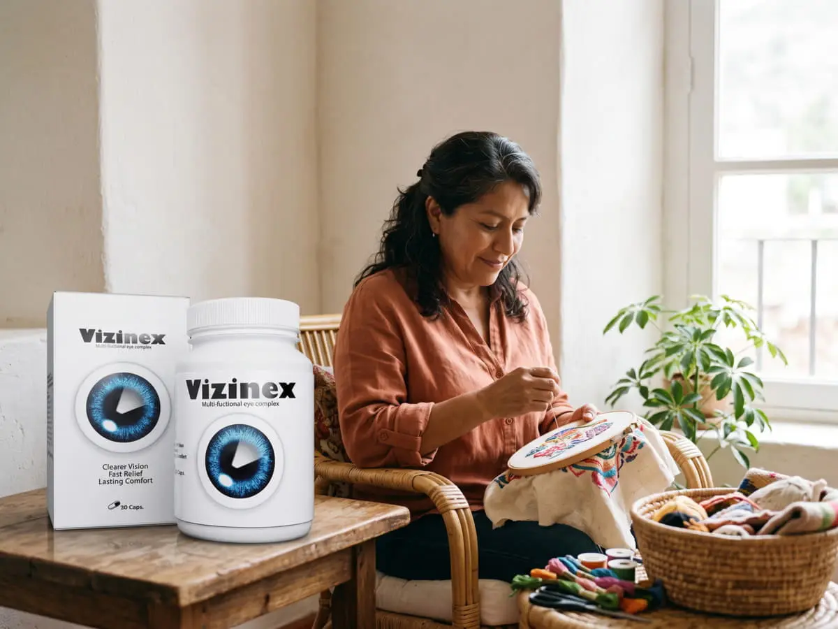Vizinex México: mujer bordando junto a una ventana con buena luz natural y el frasco de Vizinex en la mesa