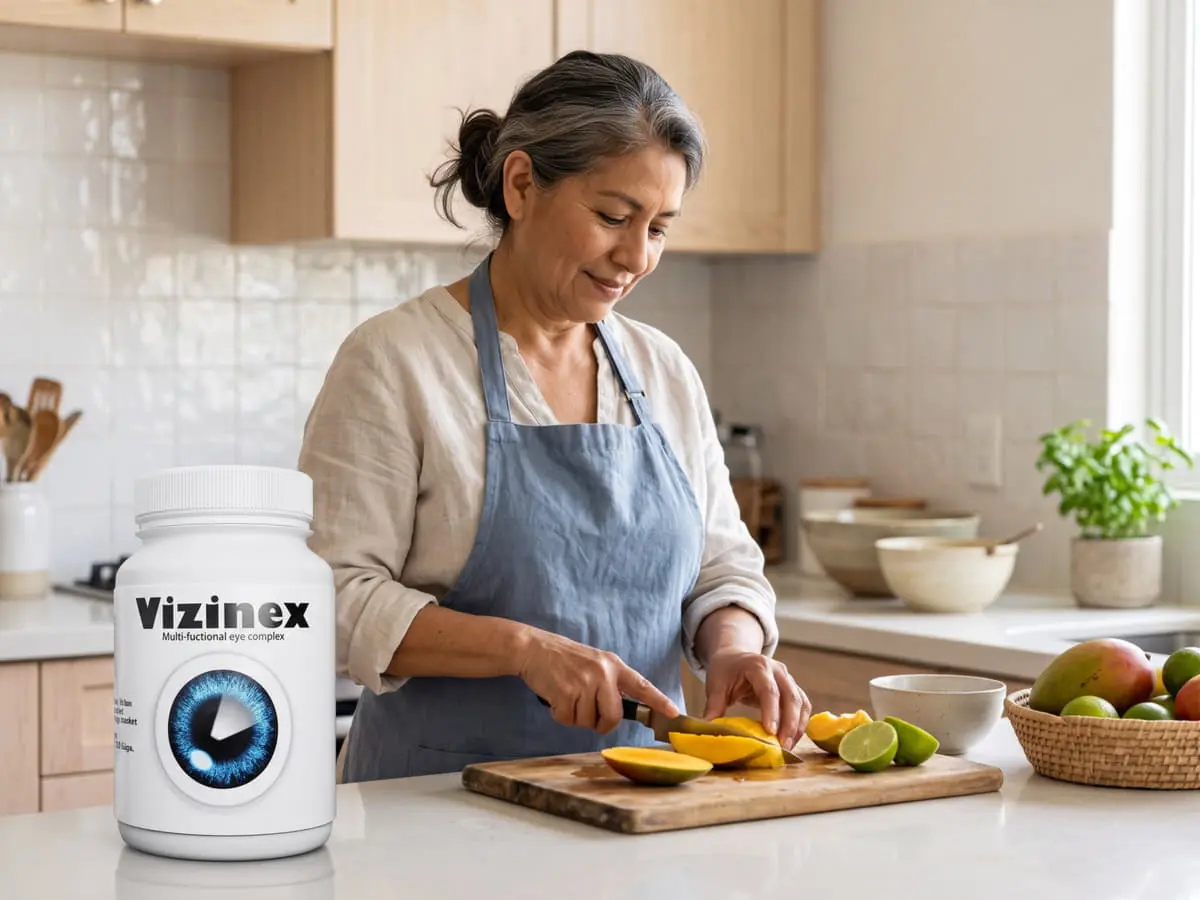 Vizinex México: mujer en su cocina con frutas y verduras frescas y el frasco de Vizinex sobre la barra